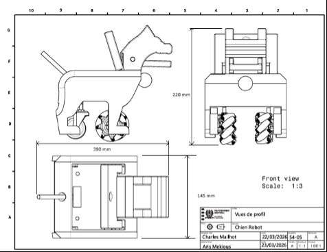Front and side view technical drawing of the robotic dog with dimensions