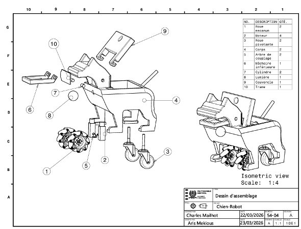 Isometric assembly drawing of the robotic dog showing all mechanical components