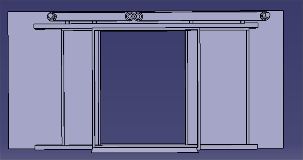 CAD render of the sliding door in the closed, partial-opening configuration