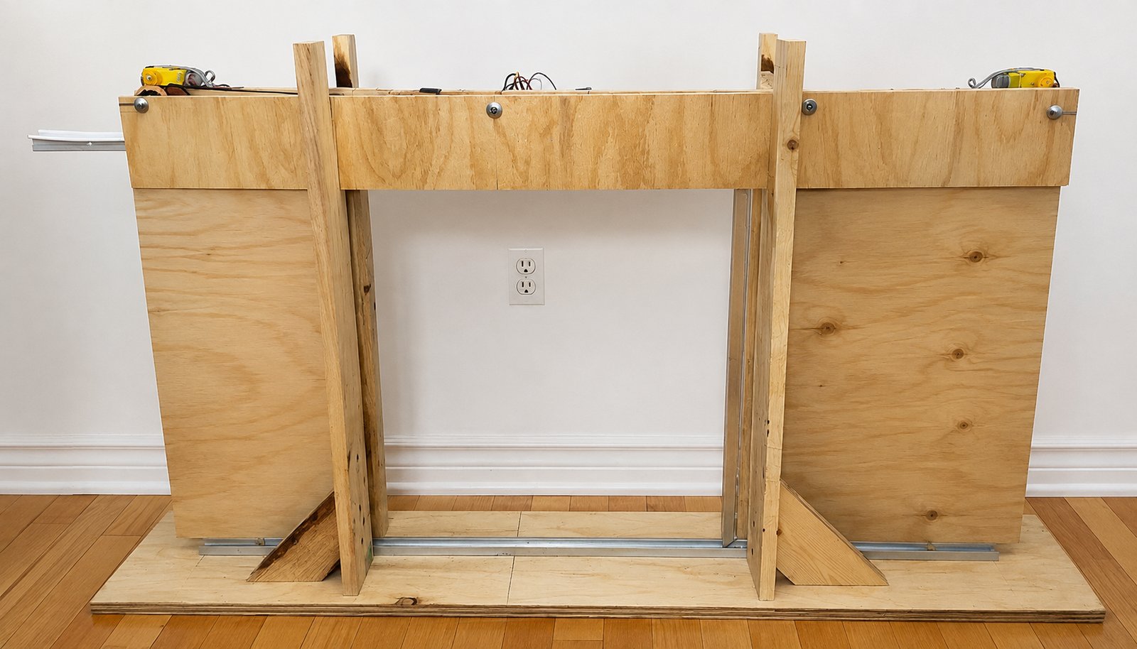 Full-scale wood prototype of the sliding door assembly with tracks and motor mounts